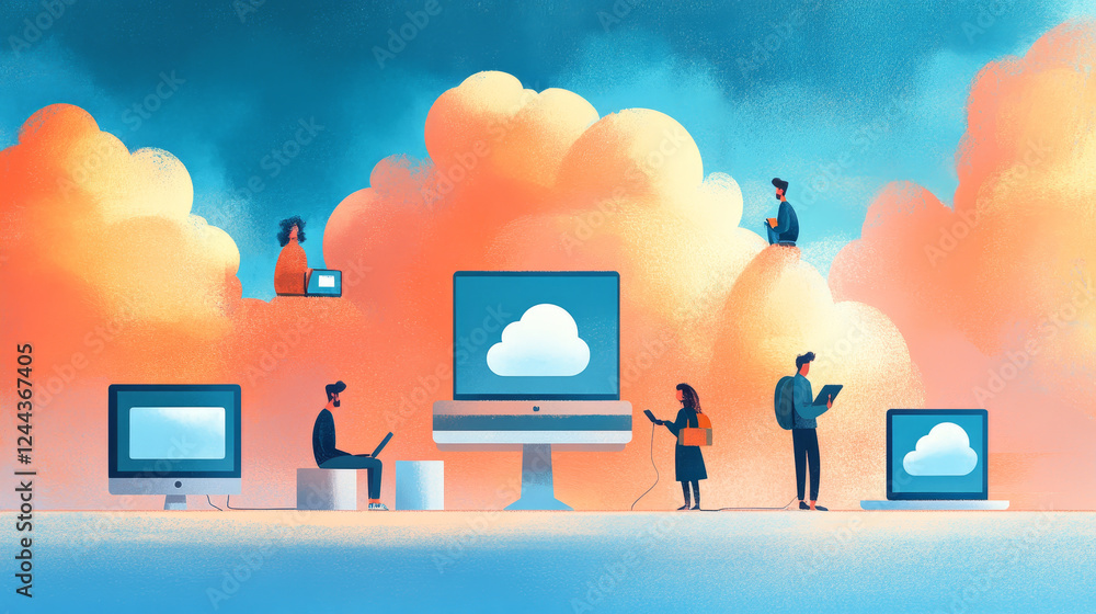 Poster cloud service concept in flat style with hands using desktop computer, smartphone and tablet pc, con