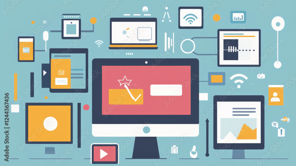 Poster cloud service concept in flat style with hands using desktop computer, smartphone and tablet pc, con