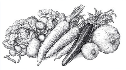Sketches of corn and tomato, potato and carrot, cabbage and onion, cucumber and beet, chilli and bell peppers, eggplant and pumpkin vegetables. For kitchen accessories, recipe book, agriculture design