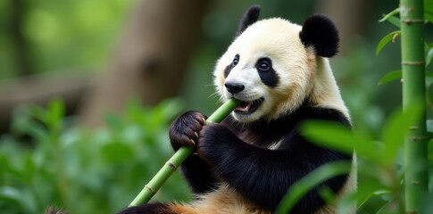 Obraz premium Cute panda bear eating bamboo in Beijing zoo enclosure, endangered, conservation efforts