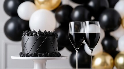 A black and white cake with a black frosting sits on a white plate