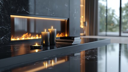A fireplace mantle with a black marble countertop and a few candles on it