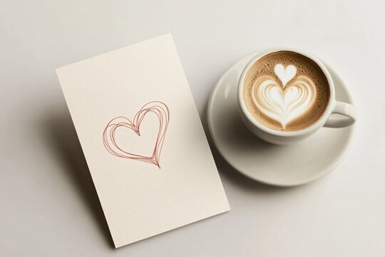 White greeting card with hand drawn red heart sketch next to cappuccino cup with latte art heart on light background. Romantic coffee and love message concept.