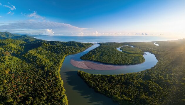 Mesmerizing Aerial View of Delta Sierpe River Terraba in Corcovado National Park, Osa Peninsula, Puntarenas Province Dynamic and Vibrant Landscape Captured at Twilight