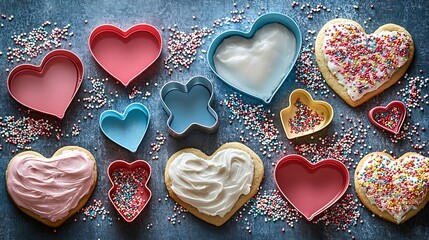 Valentine's baking station with heart shaped cookie cutters colorful sprinkles and frosted treats styled for creative fun