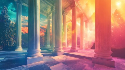 Ethereal Pillars in a Dreamlike Landscape with Vibrant Colors