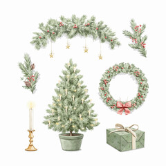 Watercolor set with vintage green classic variety Christmas decorations, Christmas tree branches with red berries and cones isolated on white background. Hand drawn illustration sketch