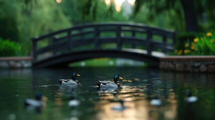 Three ducks are swimming in a pond under a bridge