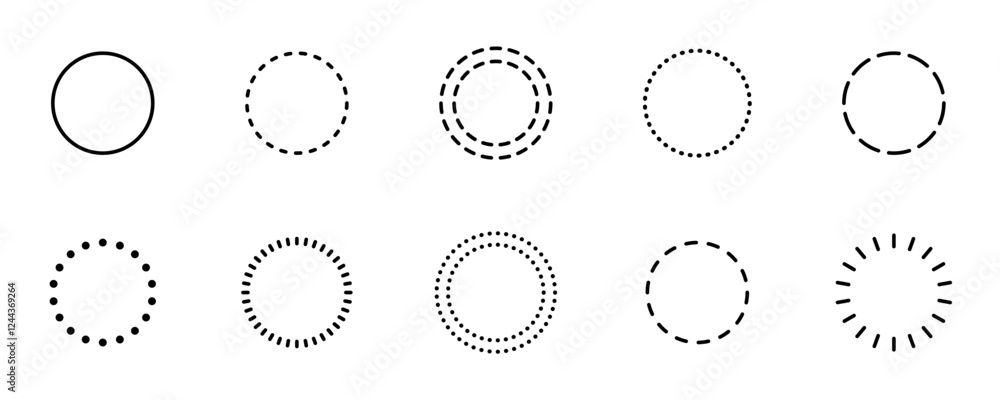 Poster circle dashed shape collection. round border geometric stroke. dotted frame set. vector circle set