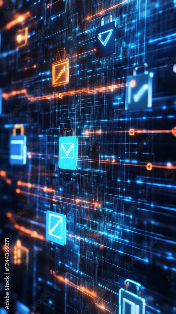 Wall mural digital technology background with icon symbols and circuit lines