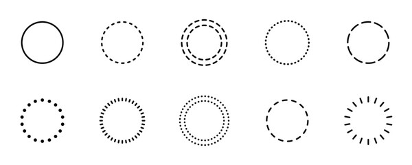 Circle dashed shape collection. Round border geometric stroke. Dotted frame set. Vector circle set