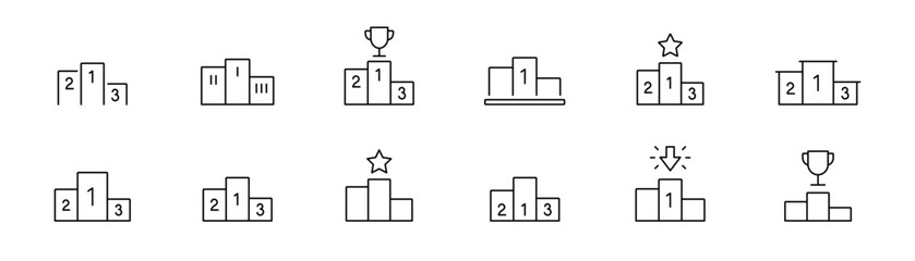 Podium, award icons set. Ranking, trophy symbols collection. Stage, podium, award icons. Vector