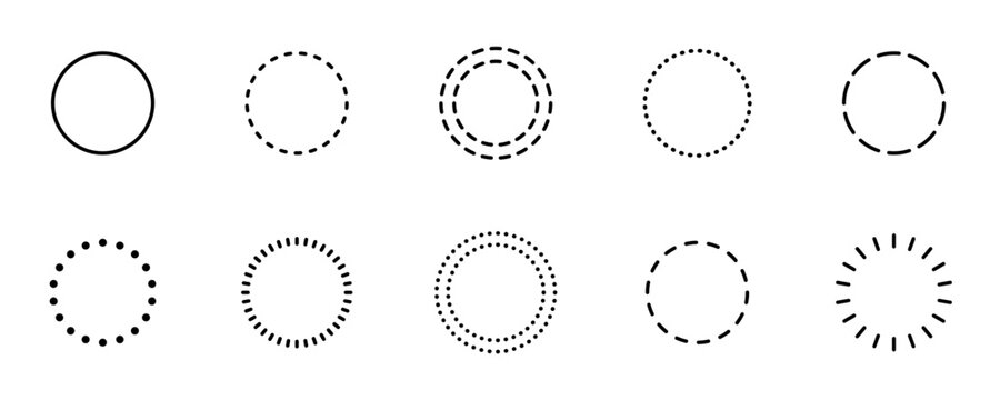 Circle dashed shape collection. Round border geometric stroke. Dotted frame set. Vector circle set