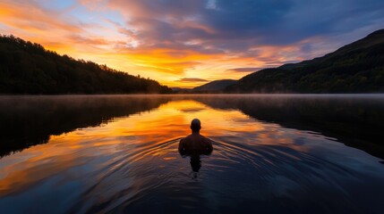 A man is swimming in a lake at sunset