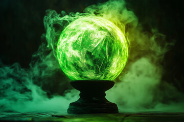 Enchanted green crystal ball with a magical glow and smoke mist for a mystical atmosphere