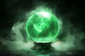 Enchanted green crystal ball with a magical glow and smoke mist for a mystical atmosphere