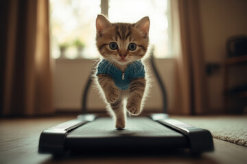A cute little kitten runs away from a treadmill in a room with exercise equipment, the concept of procrastination and a desire to relax
