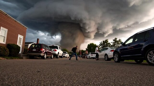 Powerful slow motion footage capturing panicked suburban residents fleeing massive tornado threatening residential neighborhood during extreme weather event