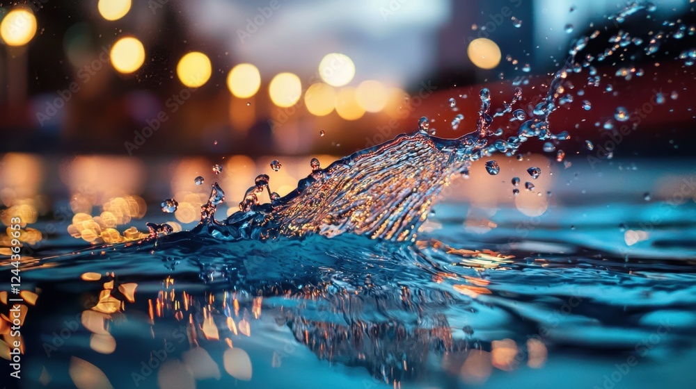 Poster a splash of water in a pool with lights in the background