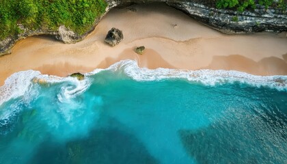 Mesmerizing Aerial Shot of Turquoise Waters and Sandy Beach at Green Bowl Beach, South Kuta, Bali, Indonesia Vibrant Tropical Paradise in the Heart of the Island, Offering a Glimpse into