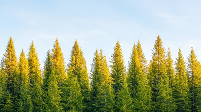 Golden hour sunlit pine forest, nature background