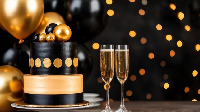 A cake with gold and black decorations and two glasses of champagne on a table
