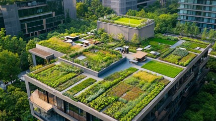 Aerial View of Lush Urban Rooftop Garden with Green Spaces