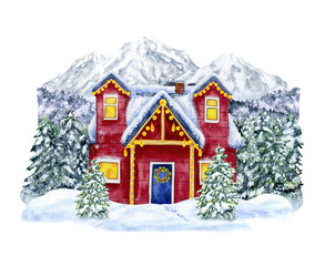 Mountain winter landscape with forest, trees and decorated house. Hand drawn watercolor illustration isolated on background. For decor, postcards, posters, design, advertising
