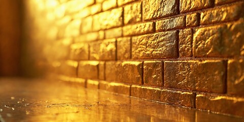 Obraz premium The wall, lined with golden bricks, shines with the luster of precious metal. The smooth surface reflects the light, creating a sense of wealth, elegance and refined style