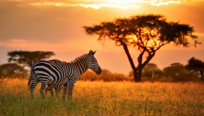 Naklejka premium Vivid African Sunset on the Savannah Majestic Rays of Light Pierce the Sky Above the Grassy Plains, Illuminating a Stunning Palette of Reds, Oranges and Yellows, Marking the End of Another Day