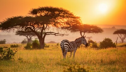 Naklejka premium Vibrant African Savannah Sunset A Majestic Blend of Red and Gold Horizon over the Wild African Plains, Grazing Herds Silhouetted against the Backdrop of a Stunning Serengeti Sky.