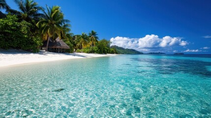 Fototapeta premium A beautiful beach with clear blue water and palm trees