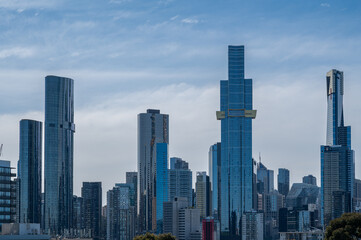 Fototapeta premium Melbourne, Australia, View from the Shrine of Remembrance towards Melbourne CBD with skyscrapers