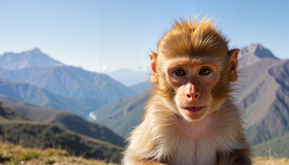 Naklejka premium Serene baby monkey gazing under clear blue sky, nature connection