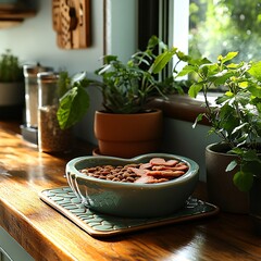 A heart-shaped ceramic bowl overflowing with kibble and raw turkey slices, placed next to a cheerful feeding mat in a sunny, minimalist dining area