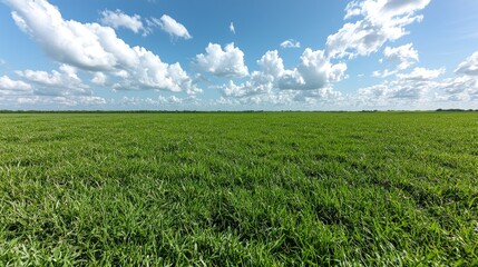 Lush green field under a blue sky with fluffy clouds; idyllic rural landscape, perfect for nature backgrounds