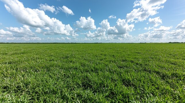 Lush green field under a blue sky with fluffy clouds; idyllic rural landscape, perfect for nature backgrounds
