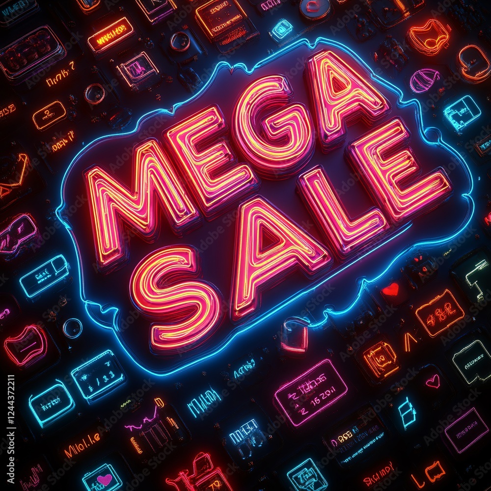 Fototapete a promotional banner for a website displaying 'mega sale' in glowing neon letters on a dark, glossy 