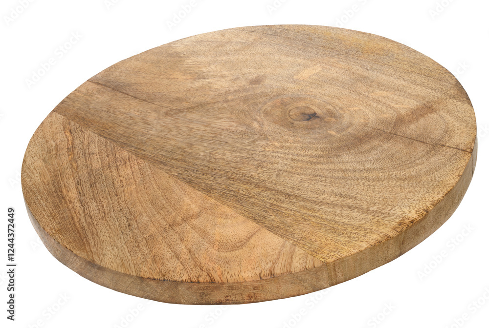 Poster empty round oak serving board at an angle on isolated background
