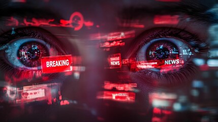 Eyes reflecting urgency of breaking news in a digital world during nighttime