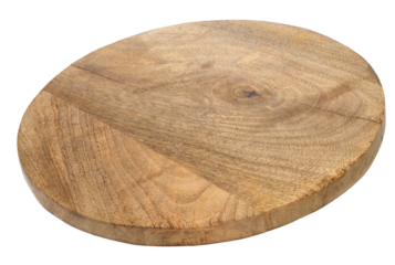 Empty round oak serving board at an angle on isolated background