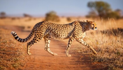 Agile and Poised An African Cheetah Strides Across the Savannah, Capturing a Moment of Pure Power and Grace Under the African Sun.