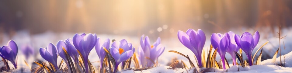 purple crocus flwoer in spring or winter forest macro