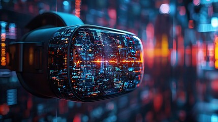 VR headset displays data stream, city lights background