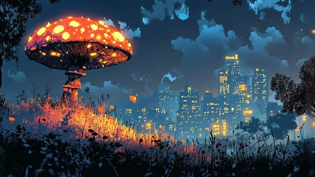 Colorful Cartoon Mushrooms Under Rainy Sky Vector Illustration