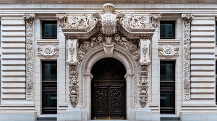 Fototapeta premium Ornate stone building entrance, city architecture, detailed carvings, background windows