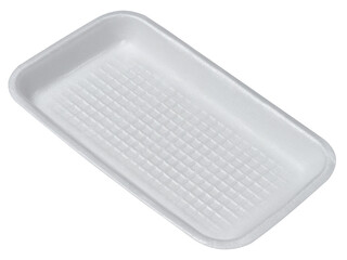 White disposable polystyrene foam rectangular plate for packaging vegetables and meat on a white...