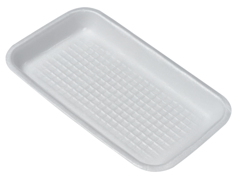 White disposable polystyrene foam rectangular plate for packaging vegetables and meat on a white isolated background