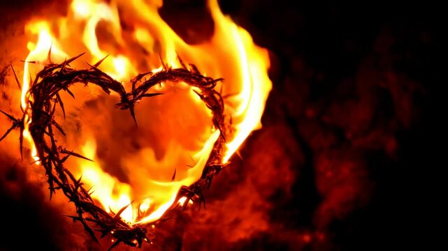 The sacred heart a fiery crown of thorns symbolizing love and devotion with copy space