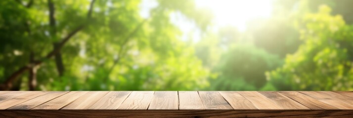 wooden table foreground with spring natural blurred background